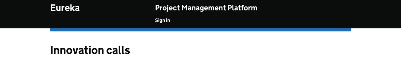 The MyEureka competition search: a black GOV.UK-style masthead reading Eureka, Project Management Platform, above the page heading Innovation calls.