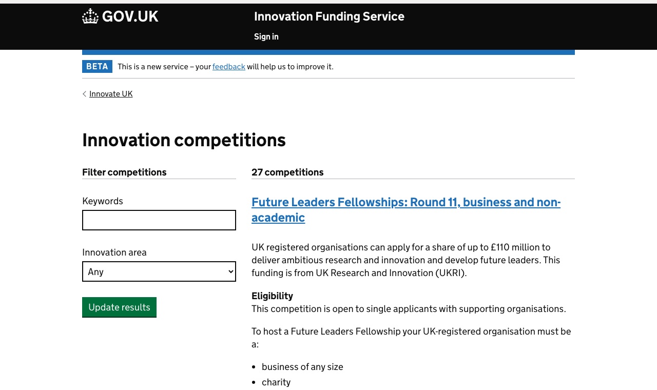 The live Innovation Funding Service on GOV.UK: the public &lsquo;Innovation competitions&rsquo; listing showing open funding competitions such as Future Leaders Fellowships, with a keyword and innovation-area filter sidebar.